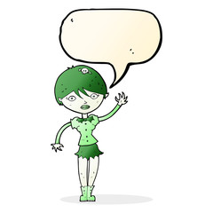 cartoon vampire girl waving with speech bubble