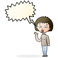 cartoon woman waving with speech bubble