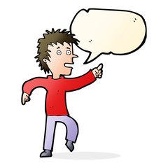 cartoon happy man pointing with speech bubble
