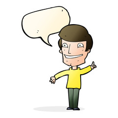 cartoon grinning man with idea with speech bubble