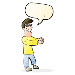 cartoon grinning man wearing glasses with speech bubble