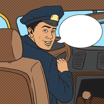 Taxi driver in taxi car pop art style vector