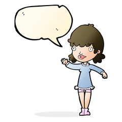 cartoon woman waving with speech bubble