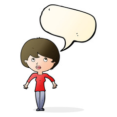 cartoon woman shrugging shoulders with speech bubble