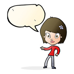 cartoon pretty woman pointing with speech bubble