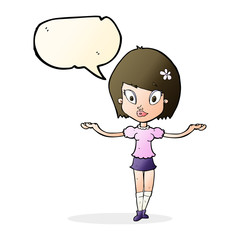 cartoon woman making balancing gesture with speech bubble