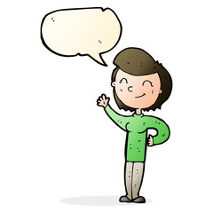 cartoon friendly waving woman with speech bubble