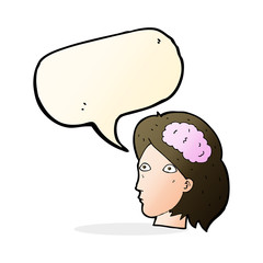cartoon female head with brain symbol with speech bubble