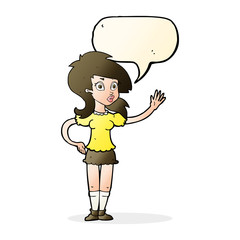 cartoon pretty woman waving for attention with speech bubble