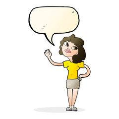 cartoon woman waving  with speech bubble