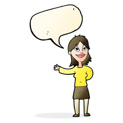 cartoon woman gesturing to show something with speech bubble