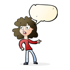 cartoon worried woman pointing with speech bubble