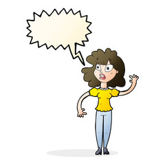 cartoon worried woman waving with speech bubble