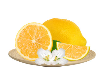 Fresh juicy lemon with green leaf and flowers on wooden plate is