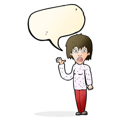 cartoon shocked woman waving hand with speech bubble