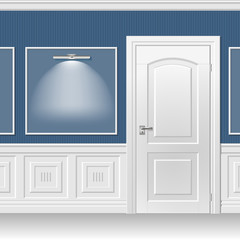 Door in the blue wall. White door in the classic interior trimmed with wood paneling