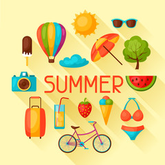 Background with stylized summer objects. Design for cards, covers, brochures and advertising booklets