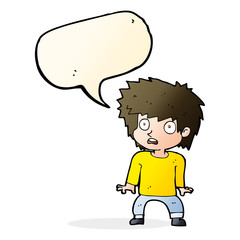 cartoon frightened boy with speech bubble