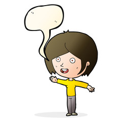 cartoon happy girl waving with speech bubble