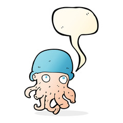 cartoon alien head wearing hat with speech bubble