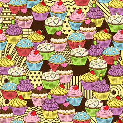Seamless cute delicious cupcake doodle pattern. It includes yummy deserts with icing, cherry, strawberry, cream, chocolate, sprinkles, etc.