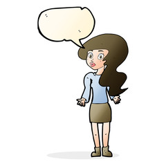 cartoon woman shrugging shoulders with speech bubble