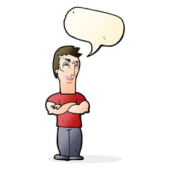 cartoon annoyed man with folded arms with speech bubble