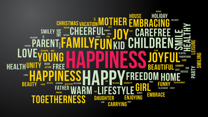 HAPPINESS word cloud. Bright and colorful tag cloud. Vector graphics illustration. © marinv
