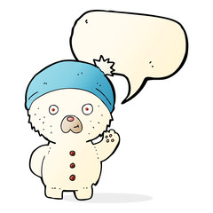 cartoon waving polar teddy bear in winter hat with speech bubble