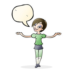 cartoon woman making open arm gesture with speech bubble