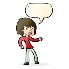 cartoon woman pointing with speech bubble