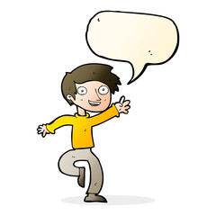 cartoon excited boy dancing with speech bubble
