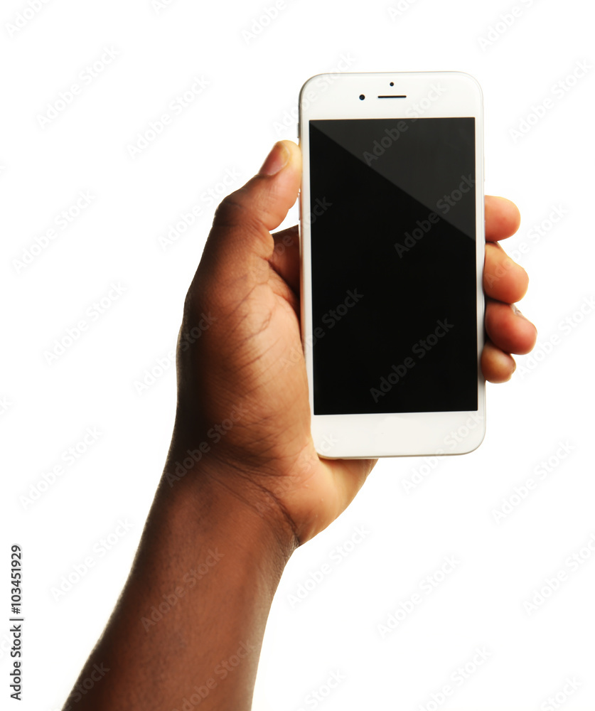 Wall mural hand holding mobile smart phone with blank screen, isolated on white