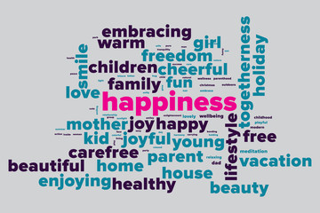 HAPPINESS word cloud. Bright and colorful tag cloud. Vector graphics illustration. © marinv