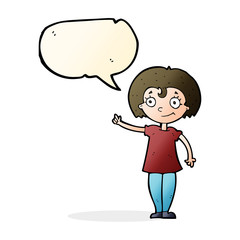 cartoon happy woman pointing with speech bubble