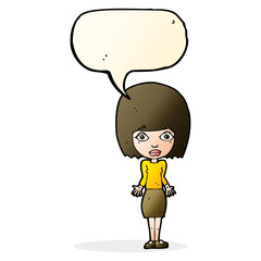 cartoon woman shrugging shoulders with speech bubble