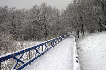 Snow-covered footbridge in a ravine.