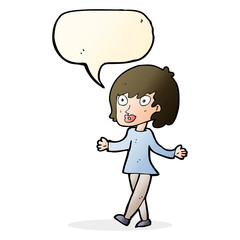 cartoon woman with open arms with speech bubble