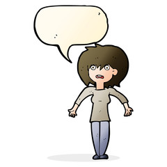cartoon woman shrugging shoulders with speech bubble