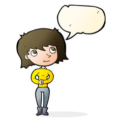 cartoon friendly woman with speech bubble