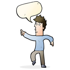 cartoon worried man pointing with speech bubble