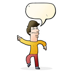 cartoon worried man pointing with speech bubble