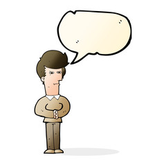 cartoon man narrowing his eyes with speech bubble
