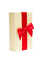 Gift box with red ribbon bow, isolated on white. Selective focus.