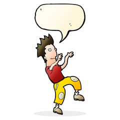 cartoon happy man doing funny dance with speech bubble