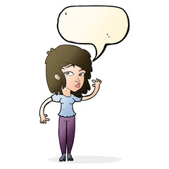 cartoon pretty woman waving with speech bubble
