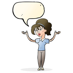 cartoon woman raising hands in air with speech bubble