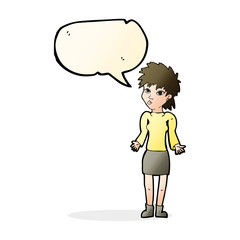 cartoon woman shrugging shoulders with speech bubble