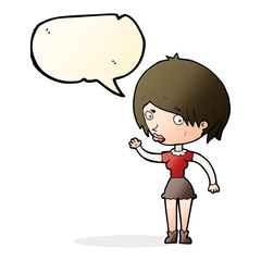 cartoon waving woman with speech bubble