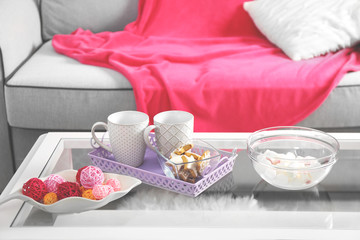 Living room interior with sofa and table